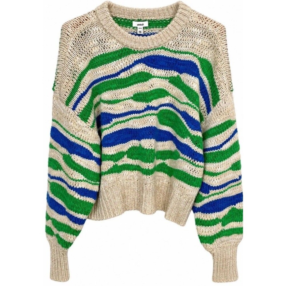 Aerie Sweater Women’s M Wool Blend Chunky Open Knit Wavy Stripe Ballon Sleeve